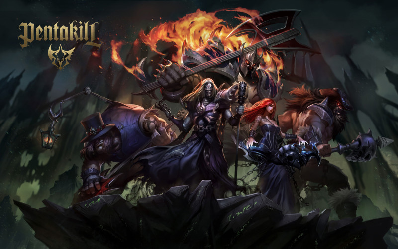 「殺五社」(Pentakill)的主唱是死亡頌唱者「卡爾瑟斯」、鍵盤手由琴仙「索娜」擔綱、吉他手是金屬亡靈「魔鬥凱薩」、貝斯手則是亡魂牧人「約瑞科」,最後鼓手則是狂戰士「歐拉夫」,他們以《滅世絕焰》(Smite and Ignite)這張專輯在2014出道。 圖:翻攝自 英雄聯盟 北美官網