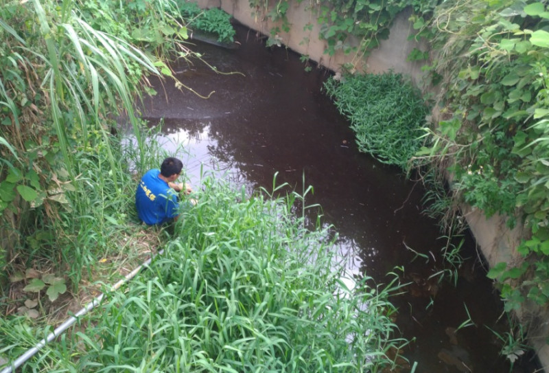 台中市大甲溪清水段支流日前遭偷倒化學廢油，市府環保局接獲警方通報後，採取緊措施因應。   圖：台中市政府提供