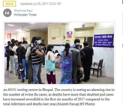 印度甲型流感H1N1疫情嚴重，2017年前6個月的病例，比去年的總感染和死亡人數增加了7倍，民眾排隊就醫。   圖：翻攝《印度斯坦時報》/Mujeeb Faruqi