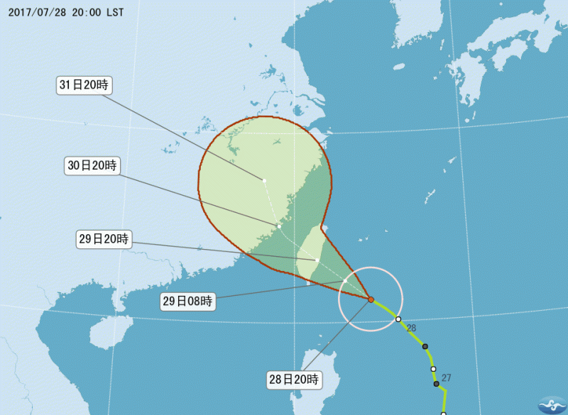 依照氣象局推測尼莎颱風前進路徑，今日早上起颱風暴風圈就會侵襲東半部陸地，並往西推進，到了晚間全台各地都在暴風圈的籠罩之下。   圖：中央氣象局