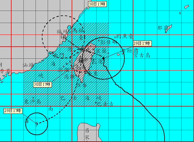 中央氣象局17:30發布輕度颱風海棠（編號第10號）海上陸上颱風警報。   圖：中央氣象局