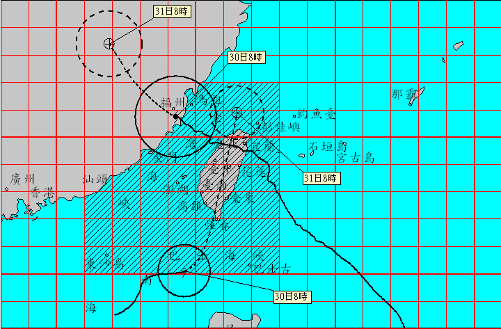 今(30)晨6:20分尼莎颱風由馬祖西南方進入福建，暴風圈已逐漸脫離台灣本島，海棠颱風尾隨在後，海上陸上颱風警報也未解除，   圖：中央氣象局
