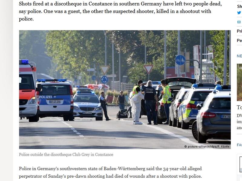 德國警方說，持槍歹徒30日凌晨在德國南部康斯坦士市一家夜店開火，殺死一人，傷及4人後，被警察擊斃。（圖取自德國之聲網頁www.dw.com）   圖 : 取自德國之聲網頁www.dw.com
