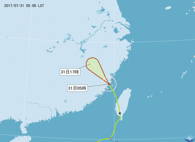 海棠颱風中心已經在31日凌晨0:30在彰化芳苑出海，目前速度加快並有減弱為熱帶低氣壓的趨勢。   圖:翻攝自中央氣象局官網。