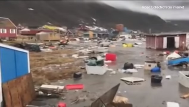 格陵蘭努加特夏克（Nuugaatsiaq）村莊6月17日遭到高度超過90公尺的超級海嘯席捲，毀損11戶住家並沖走4人。   圖：翻攝網路