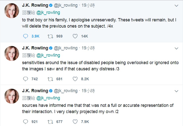 JK羅琳在推特上坦承自己有所誤解，「全心全意地」向這名小男孩和其家人道歉。   圖：翻攝J.K. Rowling推特