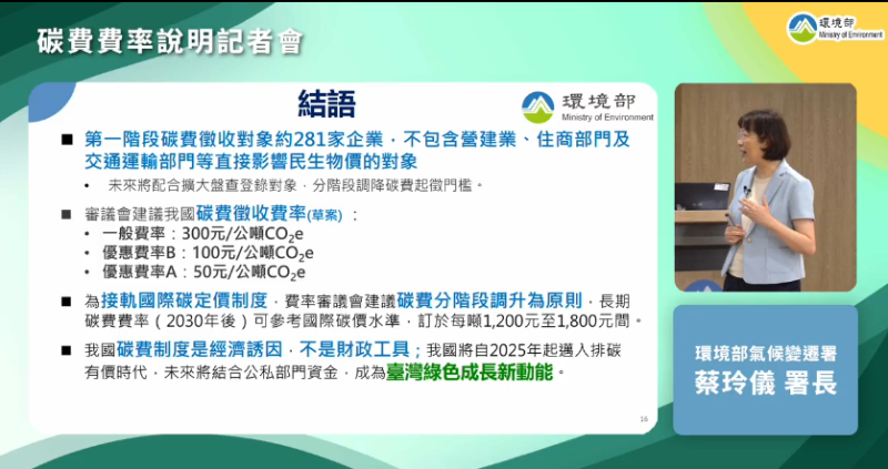 企業選擇最高標準的自主減量計畫，優惠費率A（行業別指定削減率）每公噸為50元，優惠費率B（技術標竿指定削減率）則為每公噸100元。   圖：翻攝自環境部臉書