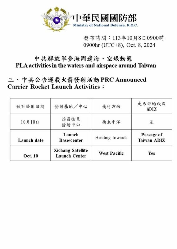 國防部預告，10月10日中華民國國慶時，中共將於西昌衛星發射中心發射運載火箭，並經過我國ADIZ（防空識別區）。   圖：國防部提供