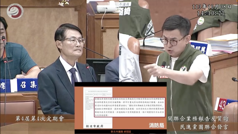 卓冠廷(右)要求副市長陳純敬2週內提出改善方案，徹底解決這個恐怖的駕駛陷阱問題。   圖：翻攝新北市議會直播