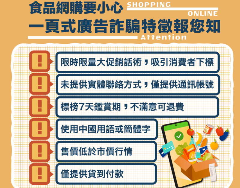 高市府提醒「一頁式詐騙廣告」常見7大特徵。   圖：高雄市衛生局提供