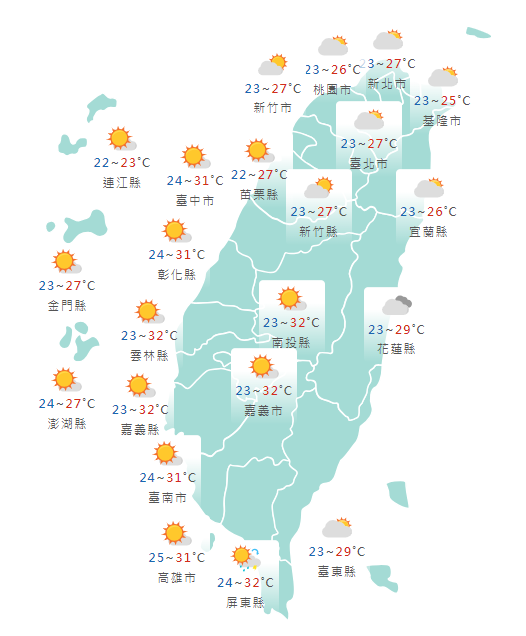 氣象署發布各地天氣預報概況。   圖：中央氣象署提供