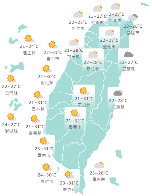 氣象署發布各地天氣預報概況。   圖：中央氣象署提供