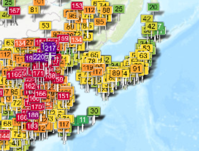 全球即時空氣品質監測顯示中國華北地區正遭遇嚴重空汙。   圖：翻攝自即時空氣品質指數網