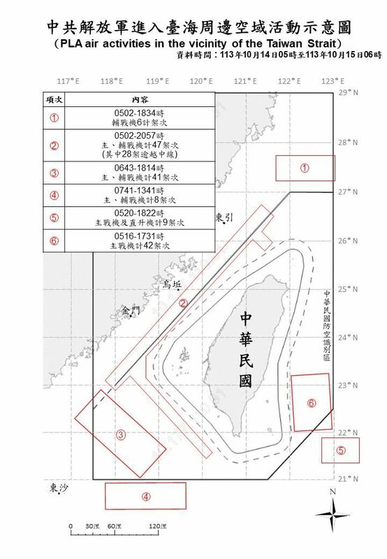  國防部公布中共解放軍進入台海周邊示意圖。 圖：國防部提供 