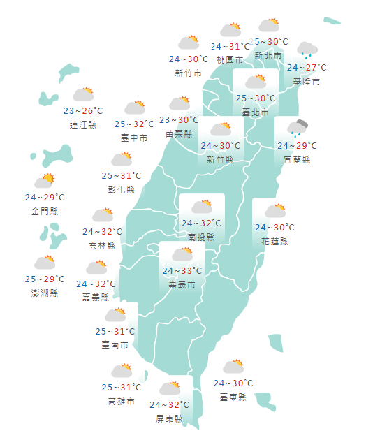 氣象署發布各地天氣預報概況。   圖：氣象署提供