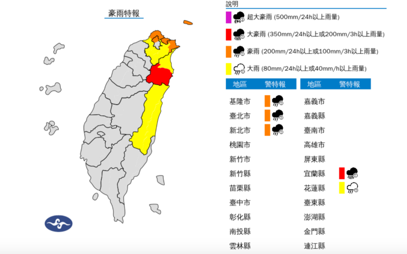 中央氣象署表示，東北季風影響，今(20)日宜蘭縣山區有局部豪雨或大豪雨，基隆北海岸及台北市山區有局部大雨或豪雨   圖：翻攝自中央氣象署官網