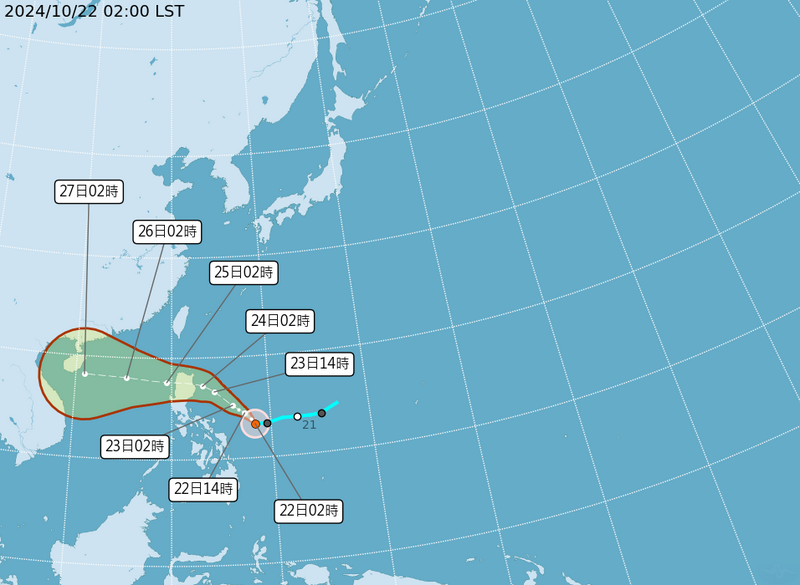 今年第20號颱風「潭美」已在今天凌晨生成，預測將往菲律賓方向移動。   圖：氣象署提供