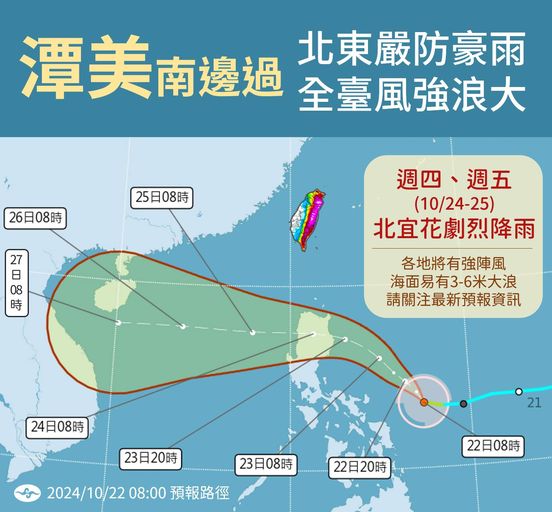 央氣象署表示，颱風在往西移動的過程，路徑還有北偏或南偏的空間，且受到東北季風的影響，將為迎風面帶來顯著豪雨。   圖：翻攝自中央氣象署臉書