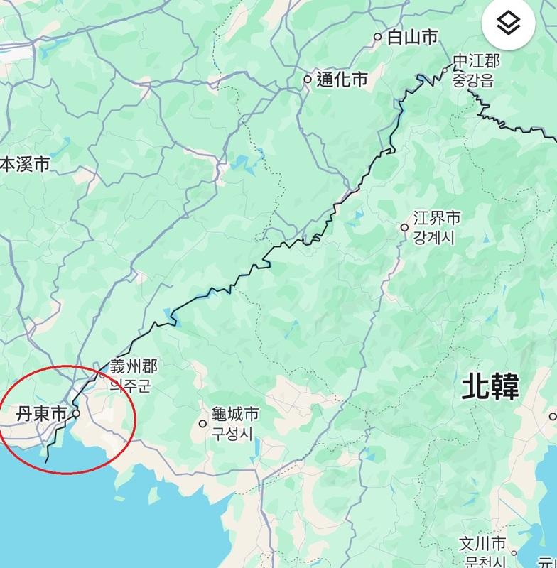  中國遼寧省丹東市位於中國與北韓的交界處。 圖：翻攝自 Google map