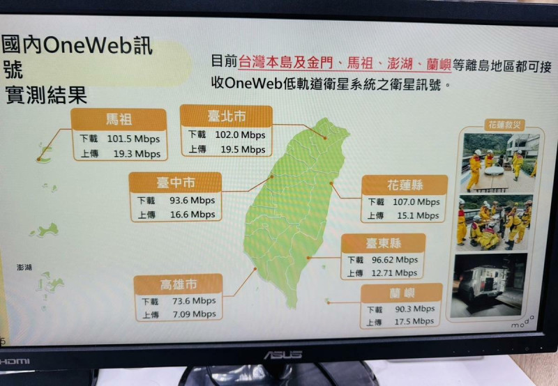  國內OneWeb訊號實測結果。 圖：台東縣災害應變中心提供 