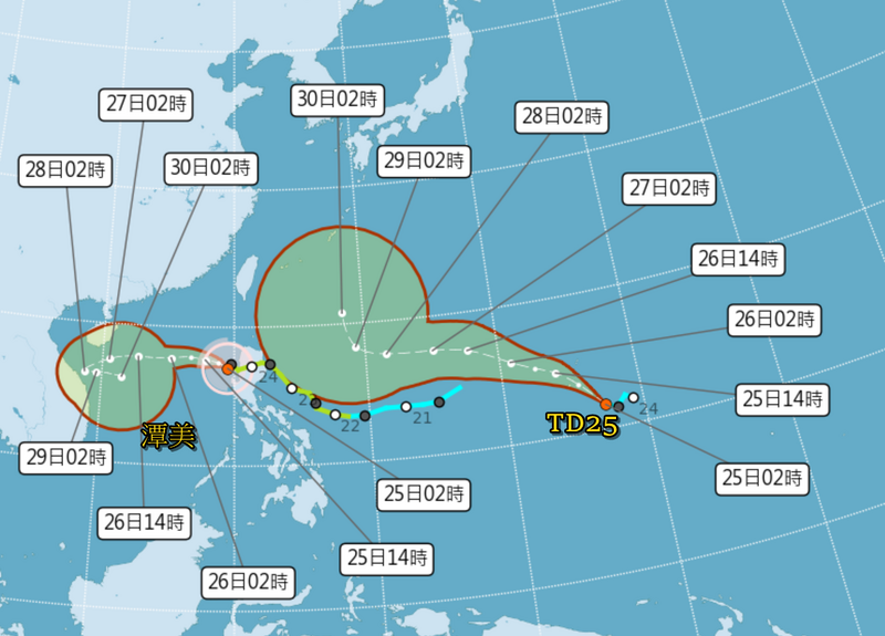 輕度颱風潭美凌晨2點中心位於鵝鑾鼻南南西方570公里之海面上，以偏西的方向進行。   圖：氣象署提供