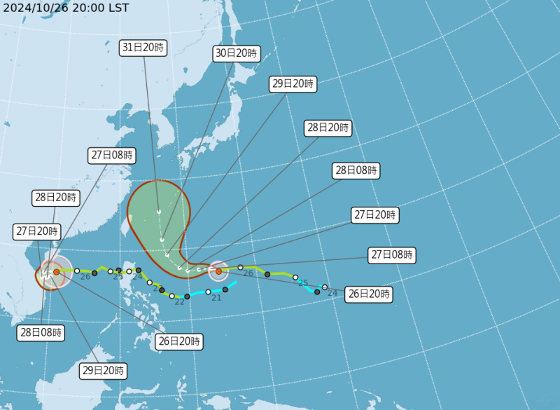 颱風康芮預估將逐漸北轉。   圖：取自氣象署網頁cwa.gov.tw