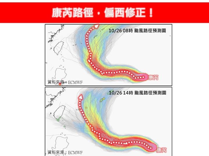 根據最新路徑，康芮颱風受到東向西的風切影響，路徑大幅西修。   圖：翻攝林老師氣象站