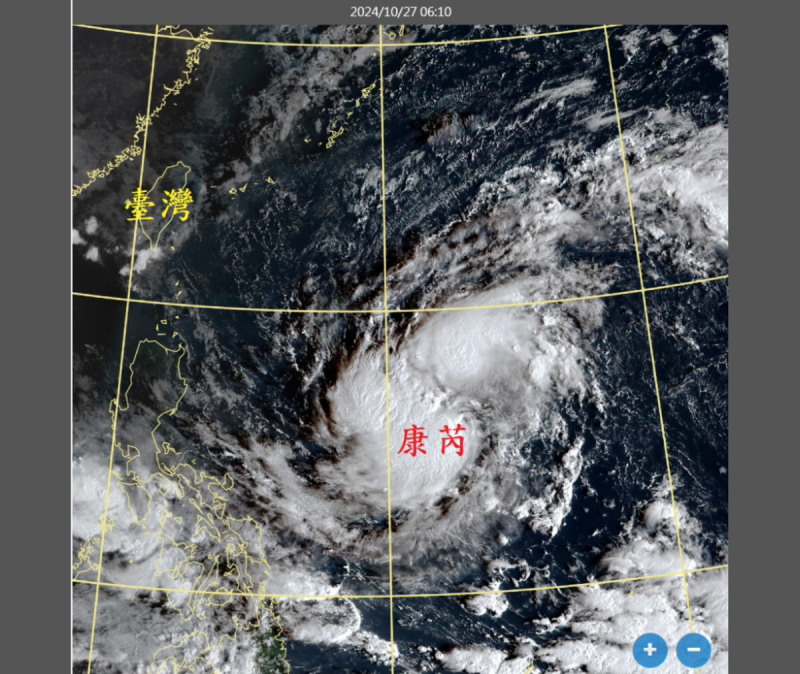 中央氣象署表示，康芮27日凌晨2點的中心位置在北緯16.5度，東經133.3度，以每小時14公里速度向西進行。   圖：翻攝自鄭明典FB