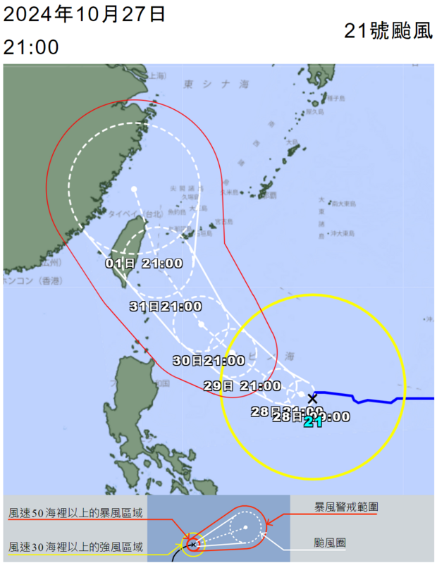 根據日本氣象廳的最新預測，第21號颱風康芮可能於11月1日從宜蘭登陸。   圖:擷取自 日本氣象廳