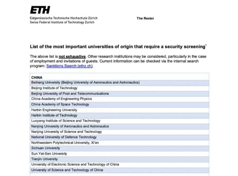 蘇黎世聯邦理工學院公布一系列以中國為首的「新邪惡軸心」大學清單，表示將對來自這些學校的學生增加額外安全審查。   圖：蘇黎世聯邦理工學院官網
