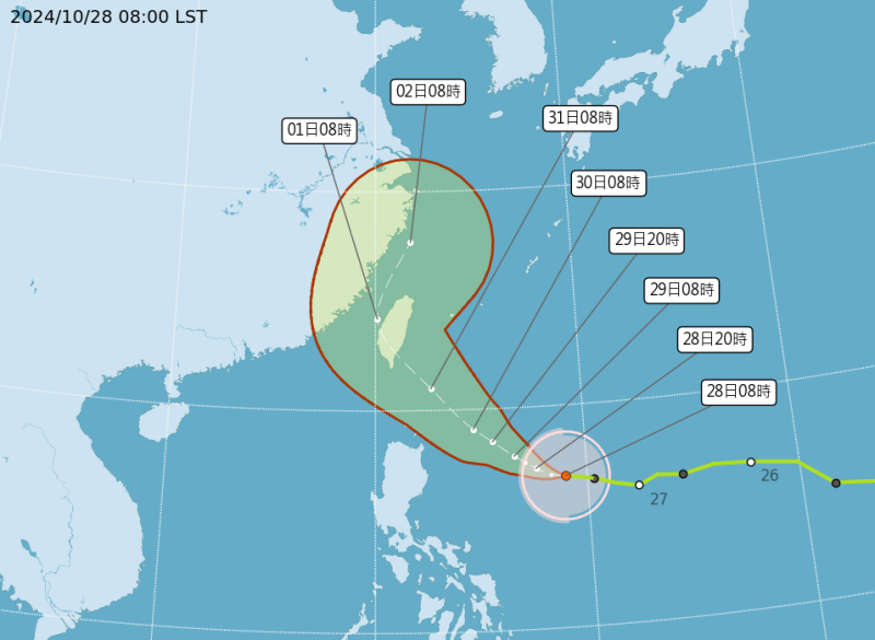 氣象專家賈新興表示，綜合歐洲模式及各AI模式預測均顯示，康芮颱風路徑持續偏西移動，預估會在花東交界至南台東一帶登陸。   圖：翻攝自中央氣象署官網