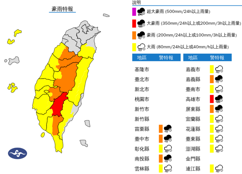 氣象署今（1）天清晨持續對苗栗以南等15縣市發布大豪雨、豪雨特報。   圖：氣象署提供