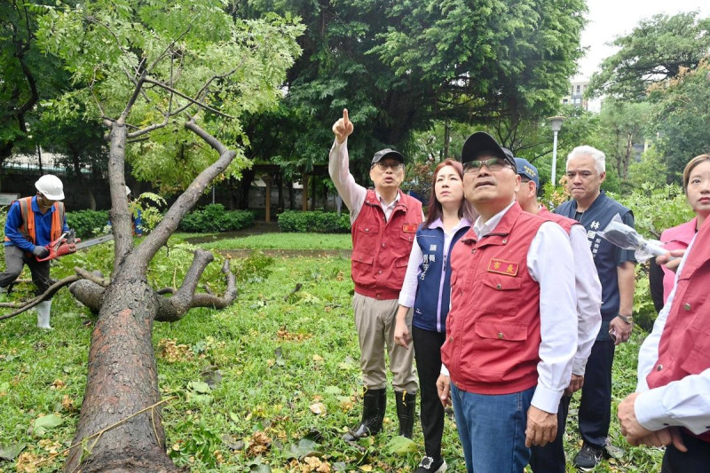 侯友宜和議員前往現場了解颱風過後公園路樹傾倒復原情形。   圖：新北市政府/提供