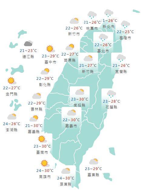 氣象署發布各地天氣預報概況。   圖：氣象署提供