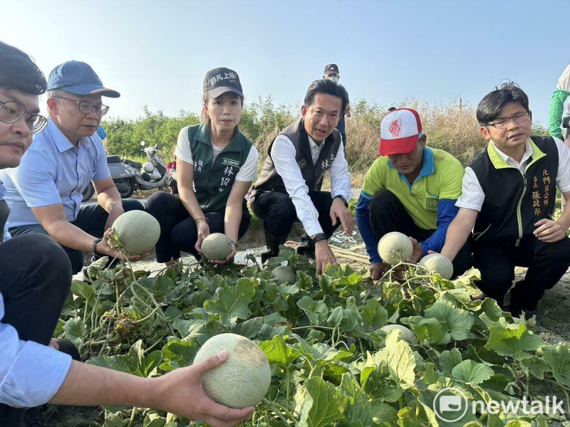 立委林俊憲、市議員謝舒凡會同農糧署等單位前往北門、將軍瓜田現場會勘，要求農業部比照上次颱風，給予災後設施重建補助外，也爭取提高10%，最高60%的總額補助。至於隧道式棚架部分，則爭取以專案方式補助，減少農民損失。   圖：林俊憲服務處提供