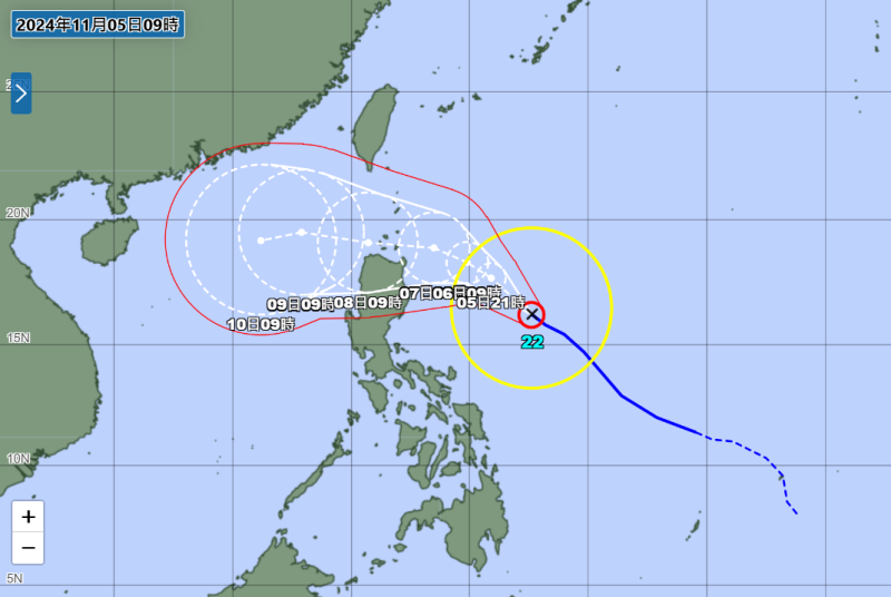 日本氣象廳最新資料顯示，銀杏颱風轉向，不直撲台灣，10日將過巴士海峽。暴風圈不觸台本島，11月颱風假無望。目前颱風在菲律賓東海域，速度每小時30公里。   圖：翻攝日本氣象廳 