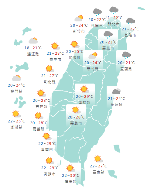 氣象署發布各地天氣預報概況。   圖：氣象署提供