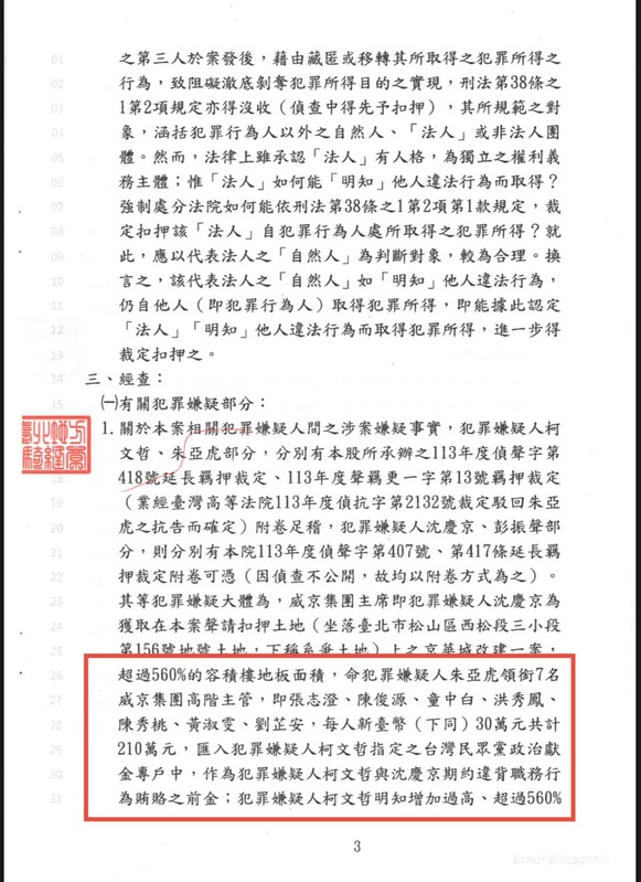 裁定書指出「7人210萬」就是京華城案的前金。   圖：取自簡舒培臉書