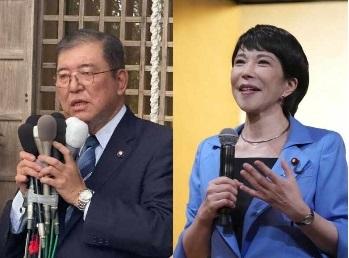 因應美國川普重返白宮，傳出日本自民黨有人主張推出強悍瘋狂的高市早苗(右)應對。9月27日自民黨總裁選舉，石破茂(左)在第二輪投票中，以21票之差，擊敗高市早苗。   圖：翻攝「X」@shigeruishiba、@takaichi_sanae