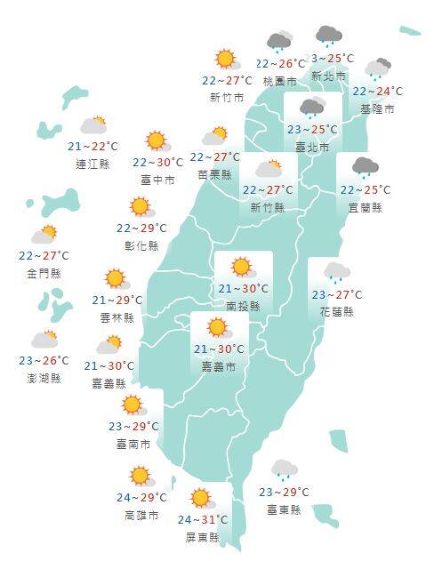 氣象署發布各地天氣預報概況。   圖：氣象署提供