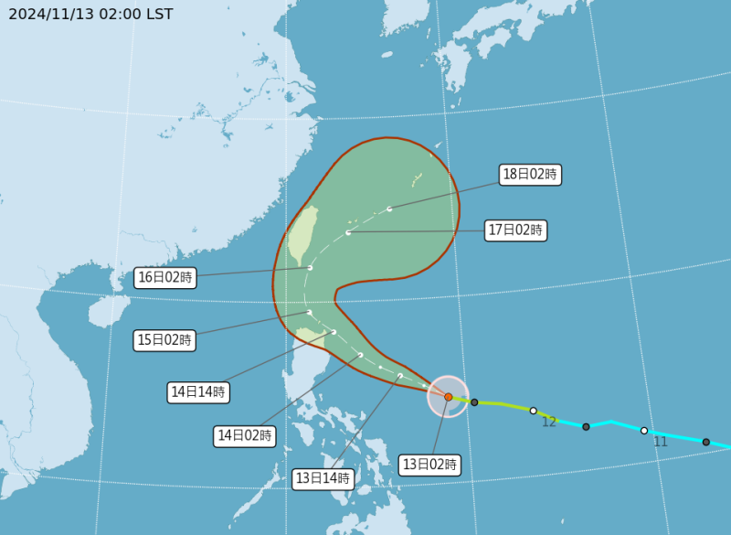 天兔颱風將極度逼近台灣東南方陸地。   圖：中央氣象署