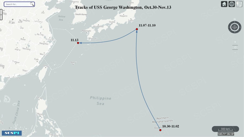 美國海軍「華盛頓號(CVN-73)」，雖然還未向橫須賀母港報到，但13日已出現在韓國濟州以南海域與日韓海空軍進行聯合多域演習。   圖：翻攝「X」@SCS_PI