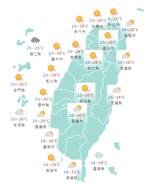 氣象署公布各地天氣預報概況。   圖：氣象署提供