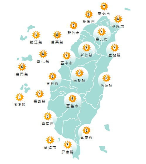 氣象署發布各地紫外線指數預報概況。   圖：氣象署提供