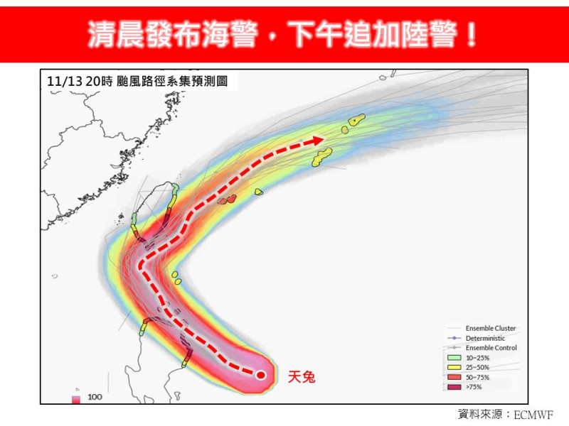 天兔颱風移動路徑預測圖。   圖：翻攝自林老師氣象站臉書