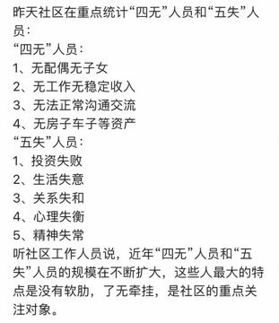 中國政府對人口進行了排查，尤其關注所謂的 「四無」和「五失」人員，即無家庭、無收入、無固定住所等易成社會不穩定因素的個體。   圖:擷自X帳號@1NO0F20S05zEM51