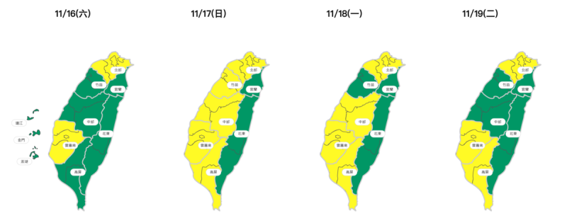 依10時監測結果，高屏、宜蘭、花東空品區及馬祖、金門、澎湖為「良好」等級；竹苗、中部、雲嘉南空品區為「普通」等級。   圖：翻攝自空品監測網