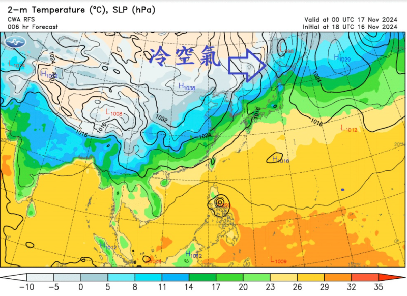 鄭明典表示，雖然這波冷空氣不弱，但偏北出海，因此台灣降溫有限，「冬天的味道還沒出現」。   圖：翻攝自鄭明典FB