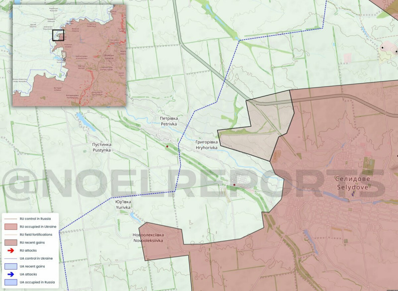 塞利多夫以西的戰場，則是由俄軍取得些許推進。   圖：翻攝自 NOELREPORTS X 帳號