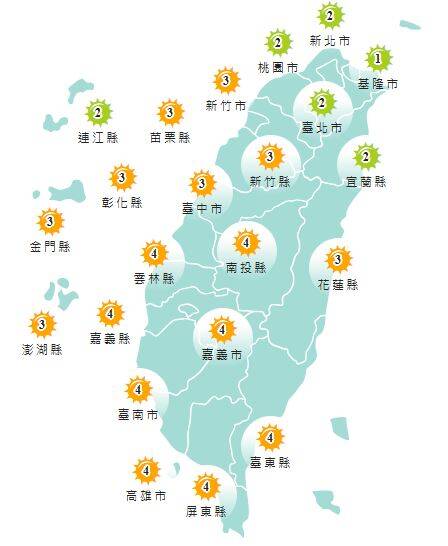 氣象署發布各地紫外線指數預報概況。   圖：氣象署提供